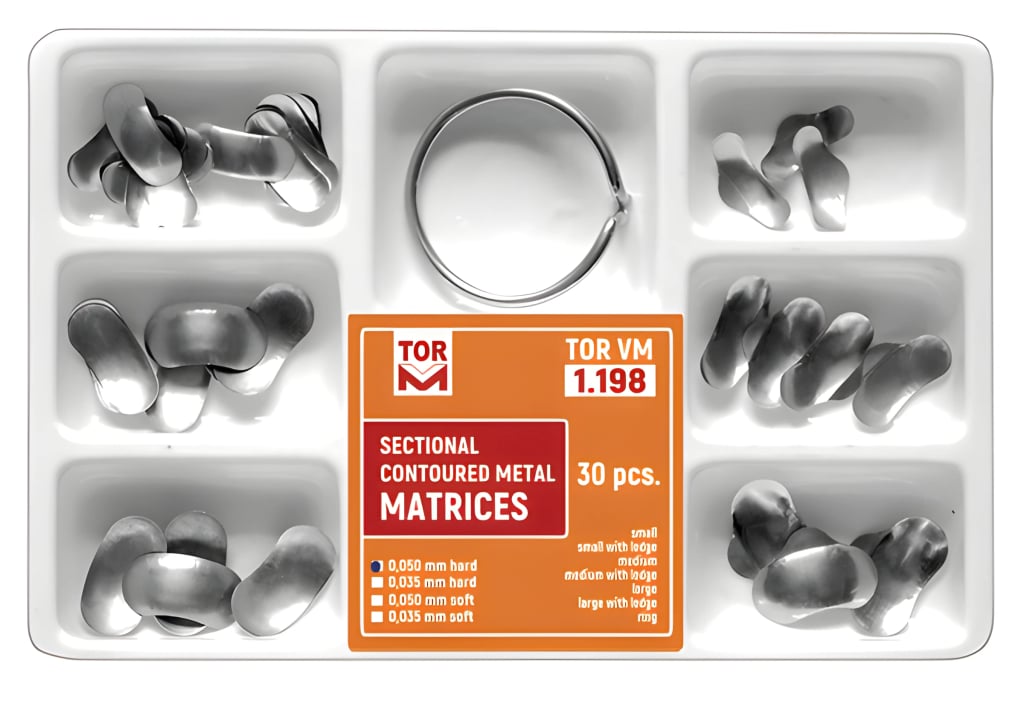 Khuôn trám từng phần định hình kim loại, bộ kèm vòng, 30 cái (Sectional Matrix)