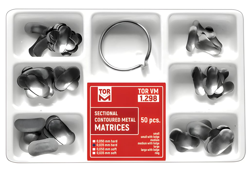 Khuôn trám từng phần định hình kim loại, bộ kèm vòng, 50 cái (Sectional Matrix)