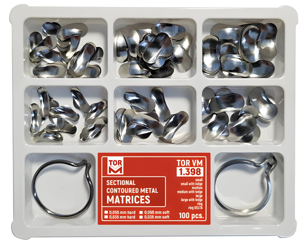 Khuôn trám từng phần định hình kim loại, bộ kèm vòng và vòng Delta, 100 cái (Sectional Matrix)