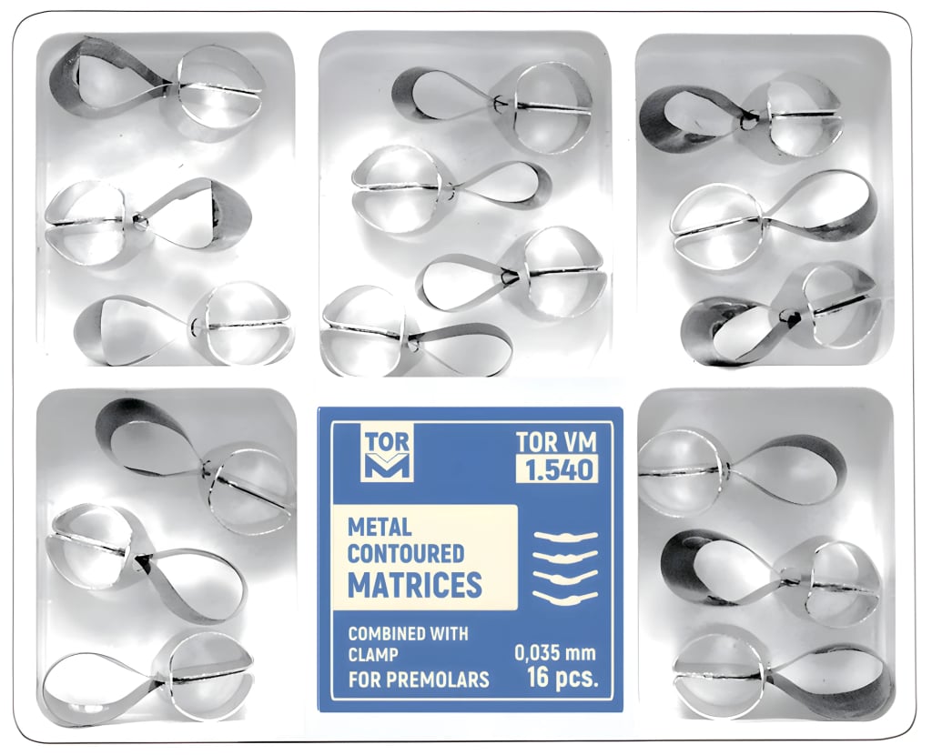 Metal Contoured Matrices for Premolars Combined with Clamp, assortment (16 pcs)