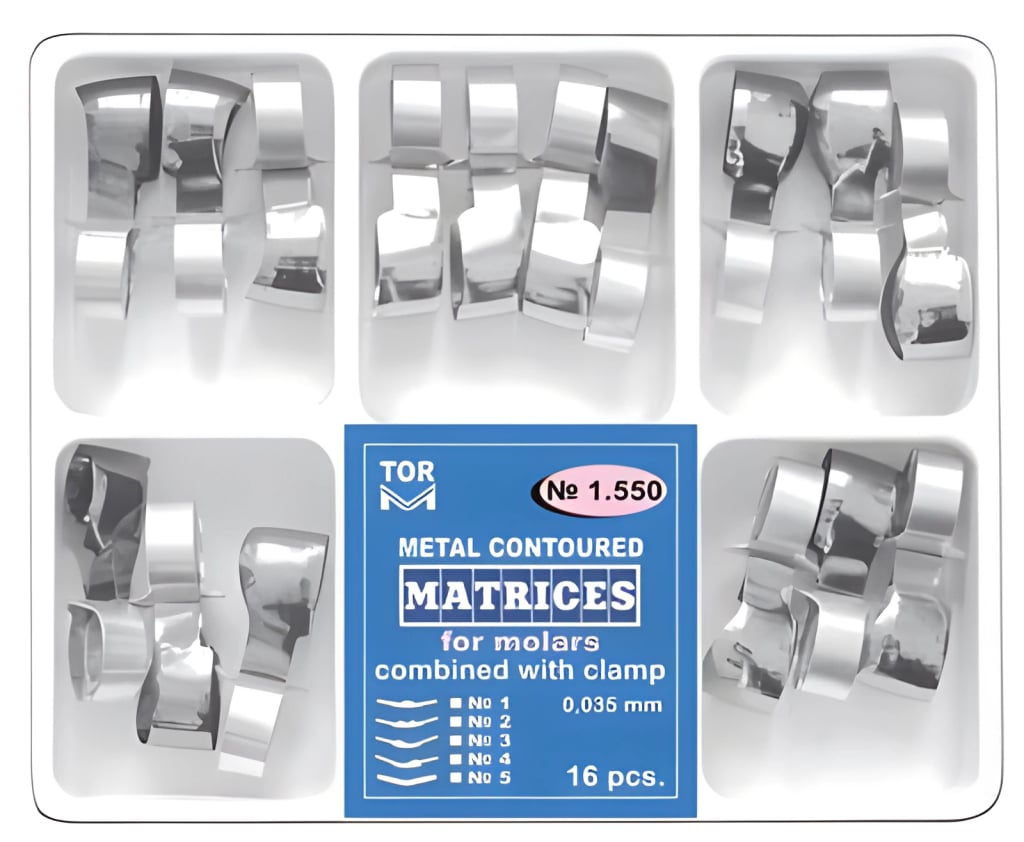 Metal Contoured Matrices for Molars Combined with Clamp, assortment (16 pcs)
